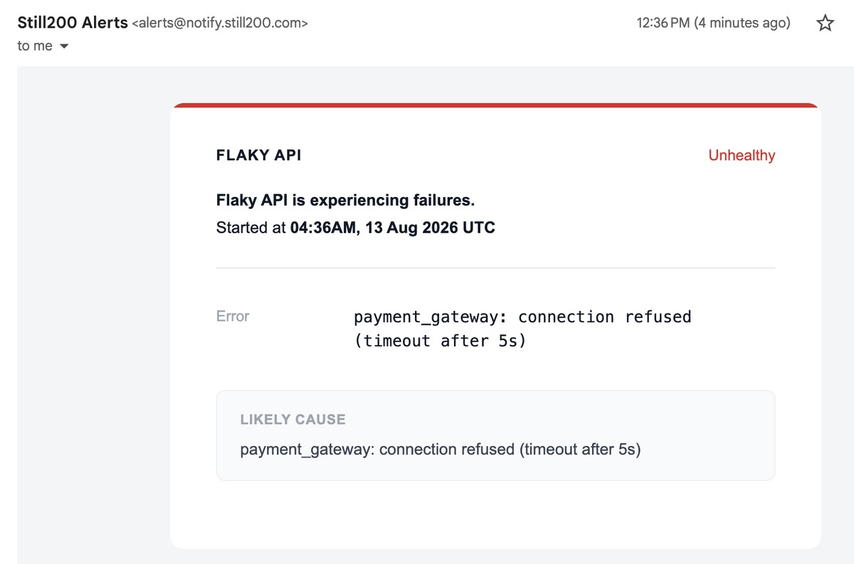 Still200 email alert for Flaky API showing error details and an AI likely-cause analysis